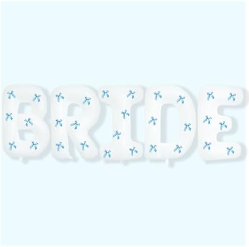 40 Inch White Bride Balloons with 30 Light Blue Bows