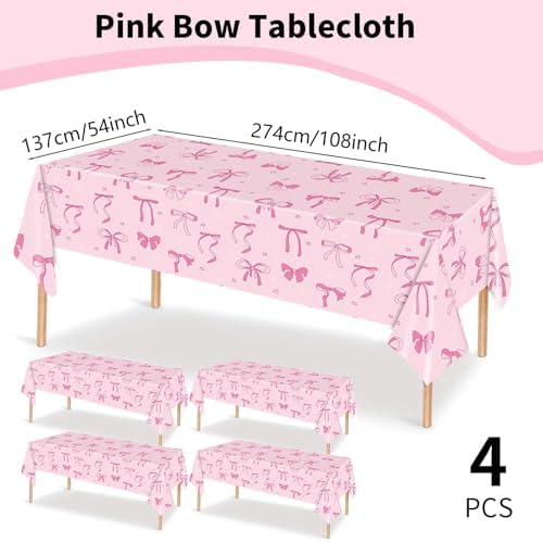 4Pcs Pink Bow Birthday Tablecloths 108x54 Inches