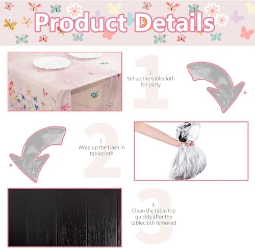 3PCS Pink Butterfly Party Tablecloth Table Cover 54x108 Inch