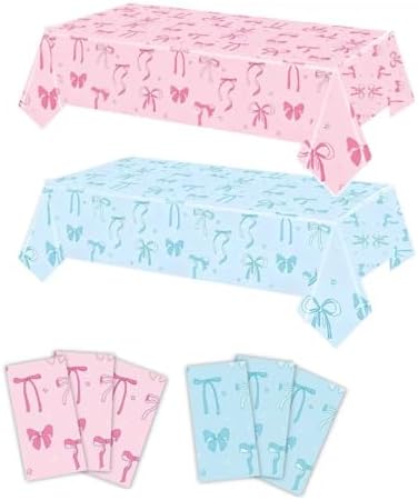 6 Packs Gender Reveal Tablecloths - 3 Pink 3 Blue Bowknot Design