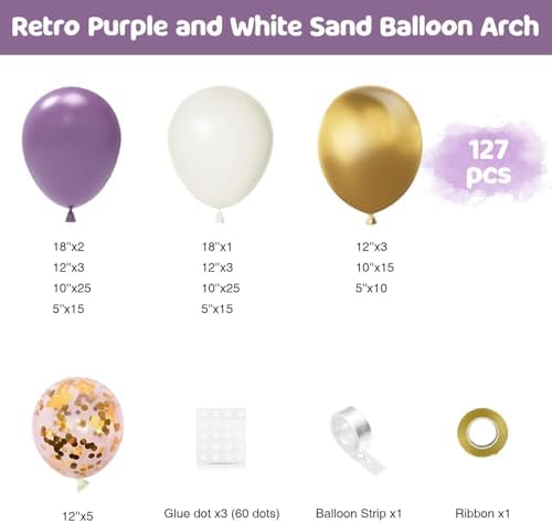 127pcs Purple Gold White Balloon Arch Kit for Decorations