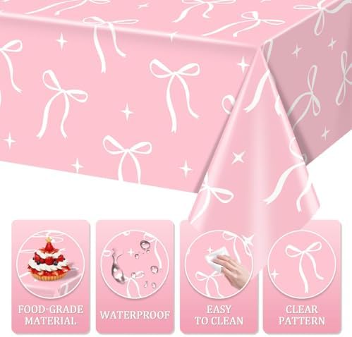 3Pcs Pink Bow Tablecloth for Birthday Party Supplies 108x54in