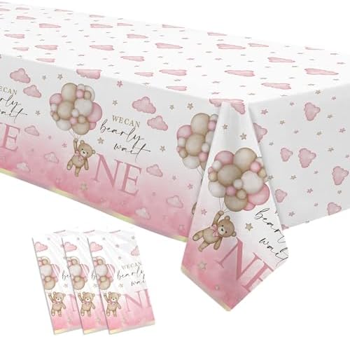Bear 1st Birthday Tablecloth Set for Girl 3 Pack