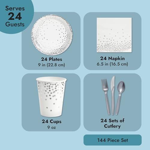 Juvale 144 Piece Silver Party Supplies Set