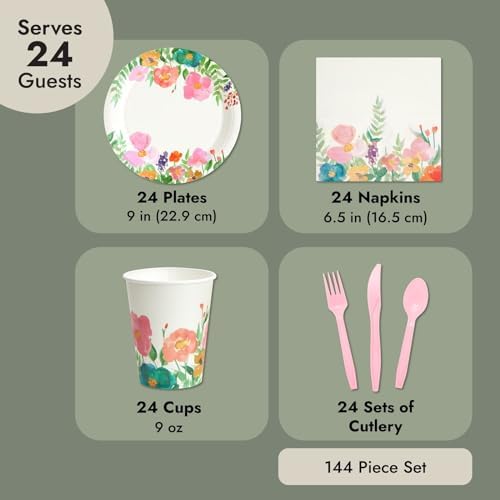 Juvale 144-Piece Floral Paper Plates Napkins Set