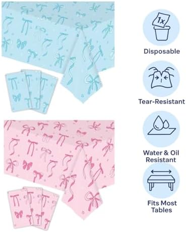 6 Packs Gender Reveal Tablecloths - 3 Pink 3 Blue Bowknot Design
