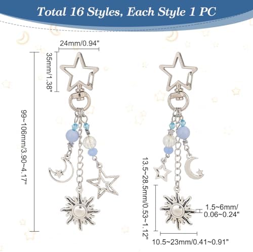 PH PandaHall 16pcs Sun Star Moon Keychain Set
