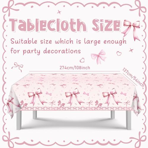 PATIAI Pink Bow Birthday Tablecloths 3Pcs Disposable Plastic Rectangular 54x108 Inches