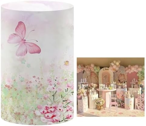 KONPON Butterfly Pink Floral Stretchy Cylinder Table Cover for Birthday Parties