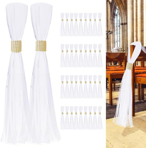 Large White Pew Bows Tulle Set with Gold Wrap