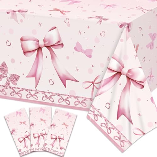 PATIAI Pink Bow Birthday Tablecloths 3Pcs Disposable Plastic Rectangular 54x108 Inches