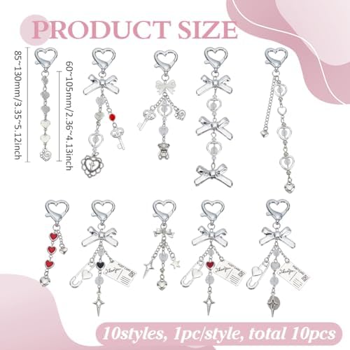 PH PandaHall 10pcs Heart Keychains with Bow Charms