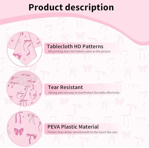 4Pcs Pink Bow Birthday Tablecloths 108x54 Inches