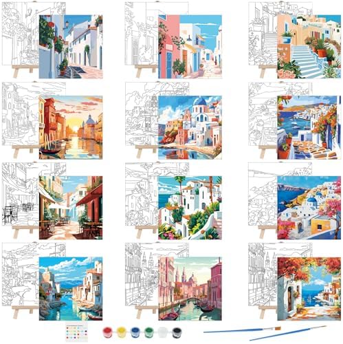 Tenceur 12 Pre-Drawn Canvas Painting Sets for Kids and Adults