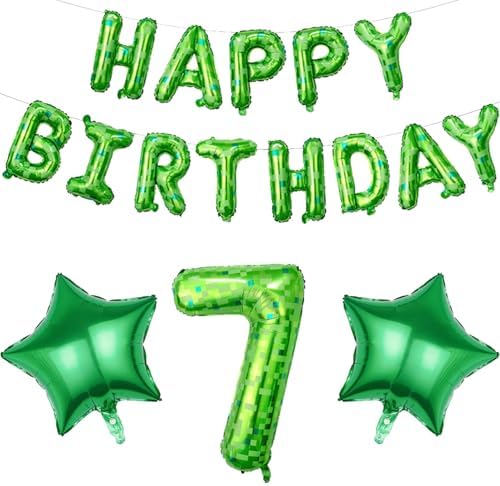 Green Pixel Birthday Decorations Set for 7th Birthday