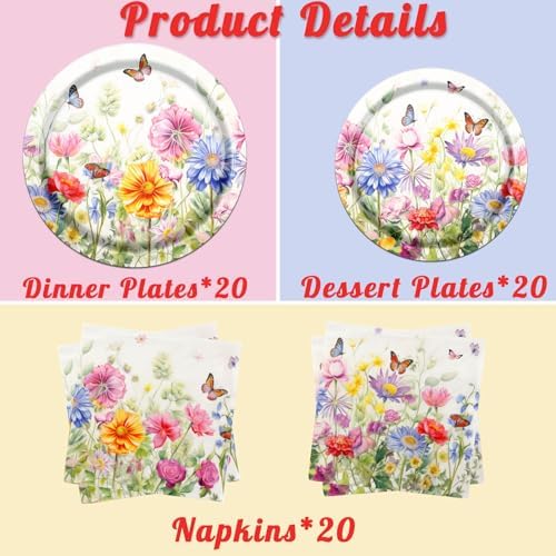 CMUSKO Wildflower Party Decor Set 60Pcs Plates Napkins