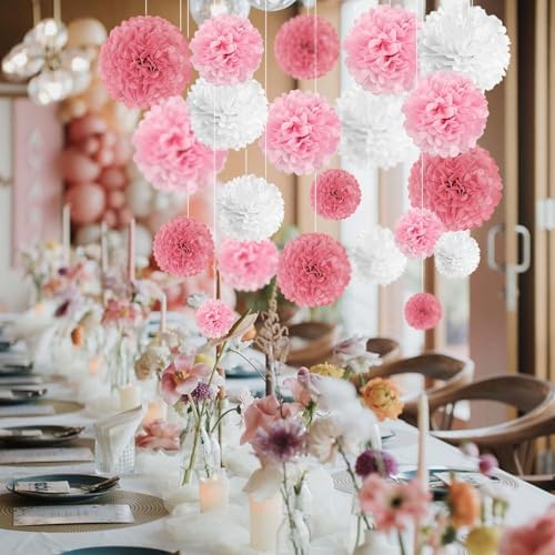 Pink White Tissue Paper Pom Poms Flower Set 27PCS