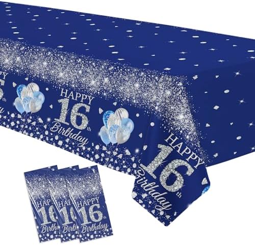 16th Birthday Tablecloth Set 3pcs Silver Blue
