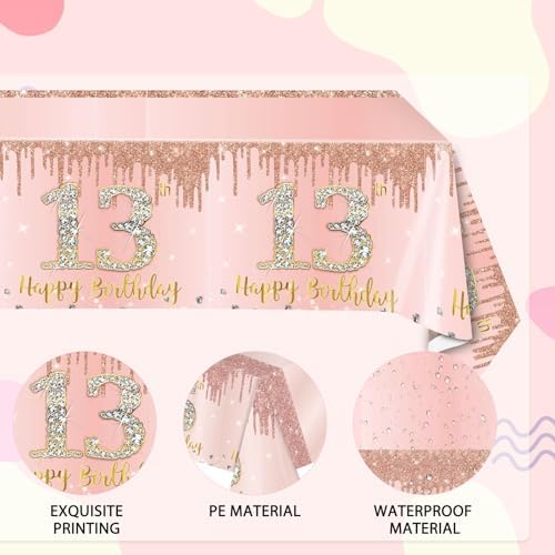 3PCS Rose Gold 13th Birthday Tablecloth Decorations