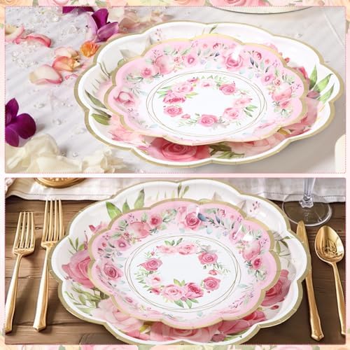 Tanlade 96 Pcs Pink Floral Plates Napkins Set for 24 Guests