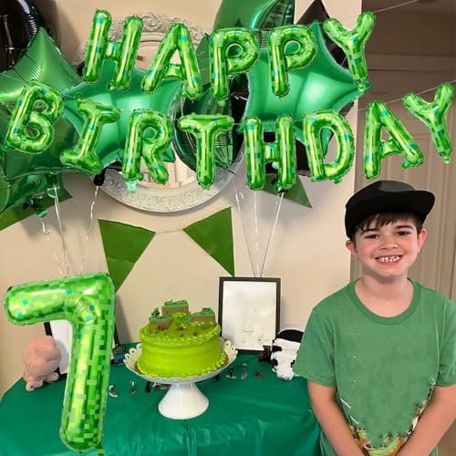 Green Pixel Birthday Decorations Set for 7th Birthday