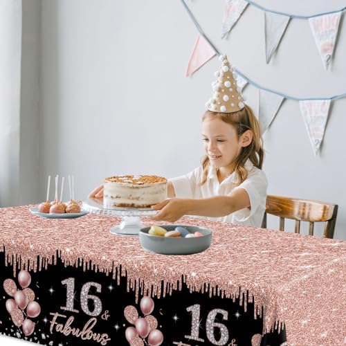 16th Birthday Decorations Rose Gold Black Glitter Tablecloths Set 3Pcs