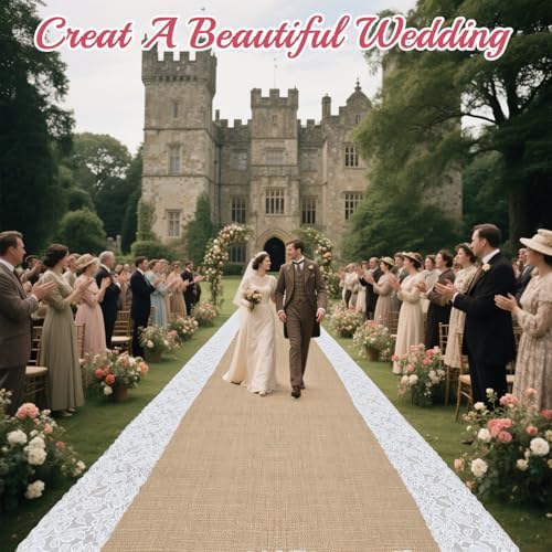 Natural Burlap Wedding Aisle Runner 3FTx20FT with Lace Trim
