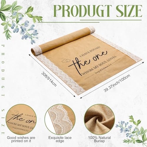 Tondiamo 40 Inch x 30 ft Burlap Wedding Aisle Runner with Lace