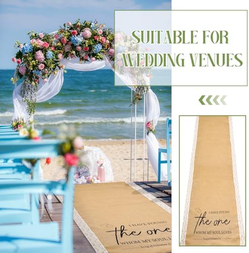 Tondiamo 40 Inch x 30 ft Burlap Wedding Aisle Runner with Lace