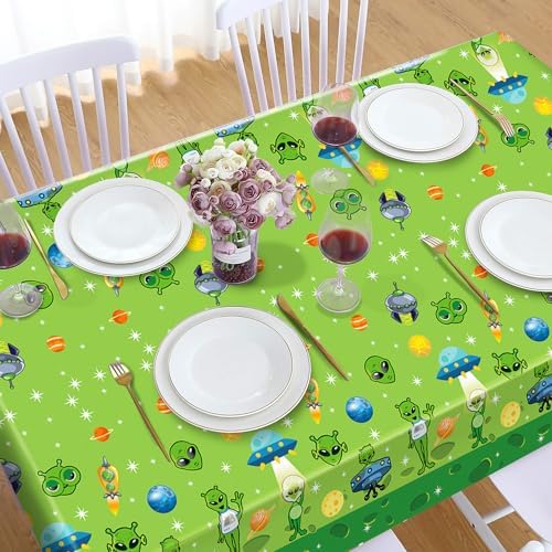 Green Alien Party Tablecloth with UFO Theme