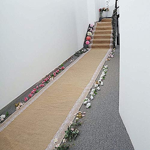 BalsaCircle 30 Feet Natural Brown Burlap Aisle Runner with White Lace