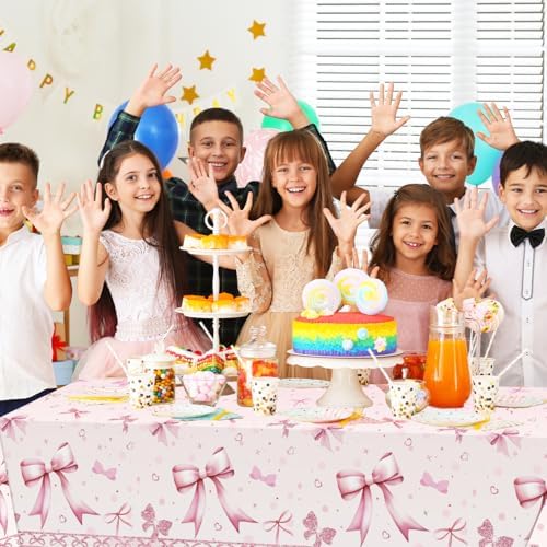 PATIAI Pink Bow Birthday Tablecloths 3Pcs Disposable Plastic Rectangular 54x108 Inches