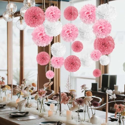 Pink White Tissue Paper Pom Poms Flower Set 27PCS