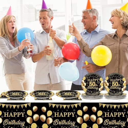 50th Birthday Party Supplies Black Gold Set