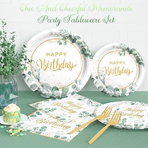 Sage Green Birthday Tableware Set with Plates Napkins Forks
