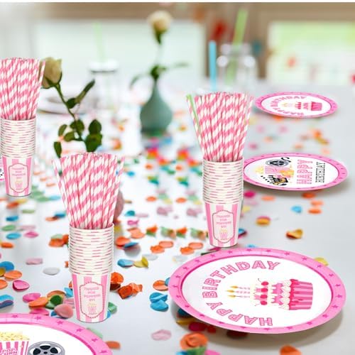 Yungyan 180 Pcs Pink Movie Theme Birthday Party Set