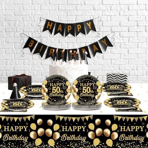 50th Birthday Party Supplies Black Gold Set