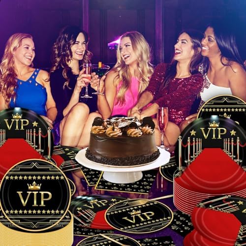 96Pcs VIP Party Supplies Red Carpet Plates Napkins and Forks Set