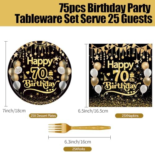 75pcs Black Gold Birthday Party Tableware Set for 25 Guests