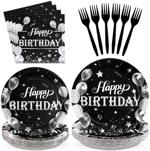 96Pcs Black and Silver Birthday Party Supplies Set