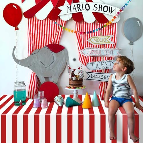 2 Pcs Red and White Striped Tablecloths for Carnival Parties