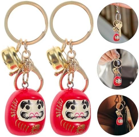 LOGOFUN 4PCS Japanese Daruma Keychain with Bell Good Luck Charm - Red