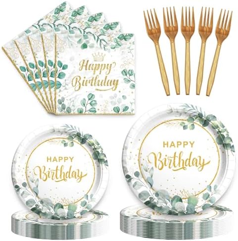 Sage Green Birthday Tableware Set with Plates Napkins Forks