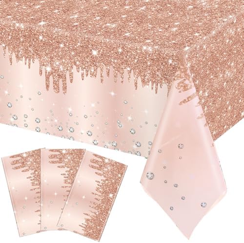 Ganeen 3 Pcs Rose Gold Tablecloths with Glitter Decor