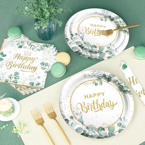 Sage Green Birthday Tableware Set with Plates Napkins Forks