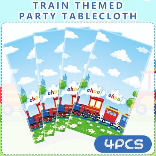 4 Pack Train Birthday Tablecloth Decorations for Boy Party