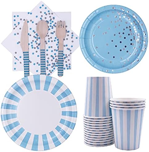 Blue Striped Party Tableware Set for 24 Guests