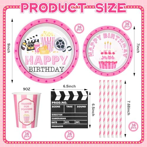 Yungyan 180 Pcs Pink Movie Theme Birthday Party Set