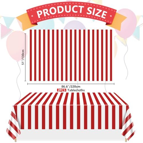 2 Pcs Red and White Striped Tablecloths for Carnival Parties