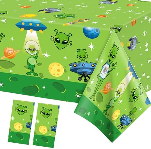 Green Alien Party Tablecloth with UFO Theme